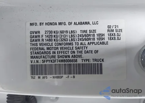 2021 Honda Ridgeline Rtl-E from USA, damaged, VIN 5FPYK3F74MB006658